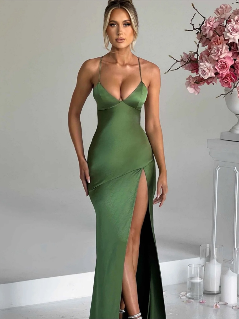 Babyboo Elegant Green Satin Slip Dress with High Slit